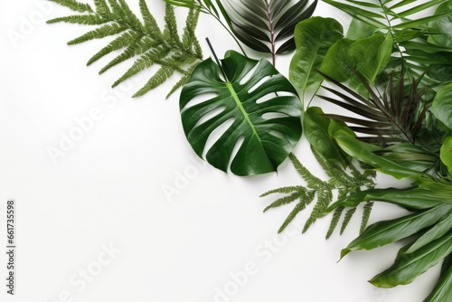Assortment of vibrant green tropical leaves spread out on pristine white backdrop, showcasing variety and lushness. Copy space