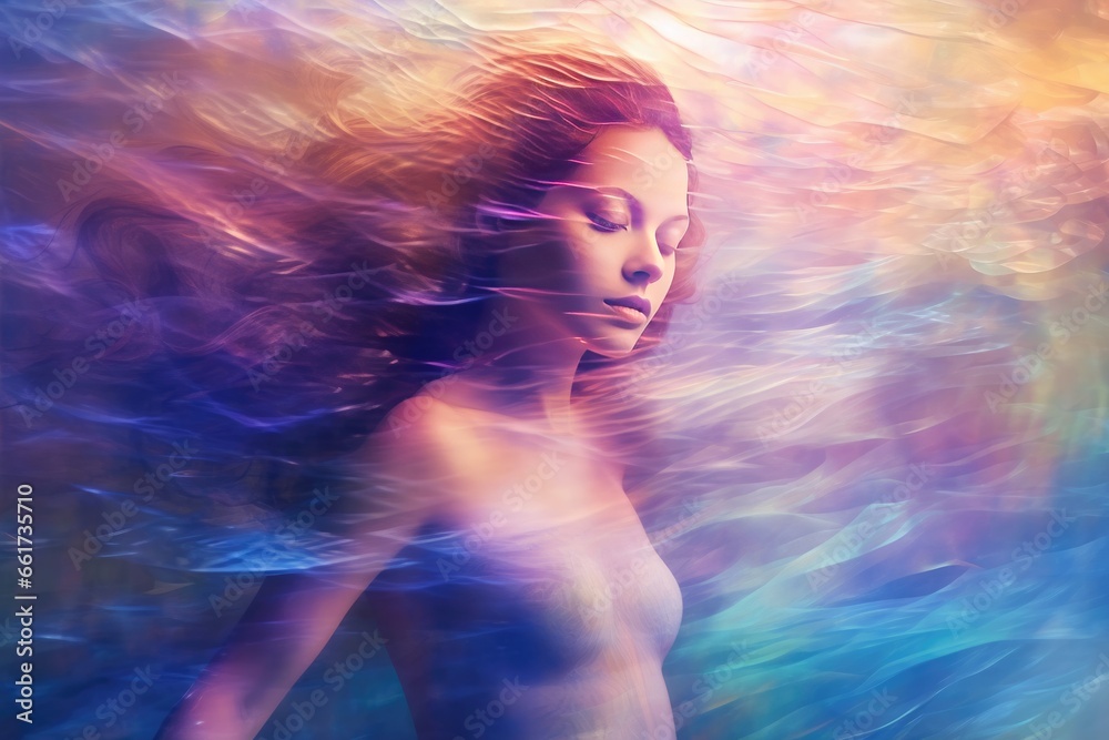Mesmerizing blend of human and mythical. Serene woman surrounded by a whirl of iridescent aquatic elements.