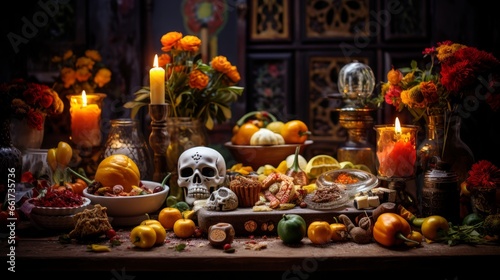 Traditional mexican Day of the dead altar with sugar skulls and candles