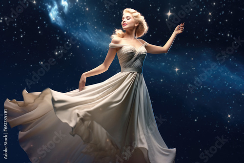 Dreamy scene of a radiant woman in elegant attire gracefully posing under a cosmic galaxy.