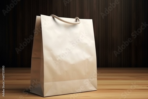 Close-up of blank paper bag on wooden background. Ideal for advertisements or logos. Rendered in 3D. Generative AI