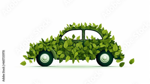 simple 2D illustration, silhouette of a clipart car, no details, consisting of small green leafs , white background as a symbom of sustainable and clean energy. Alternative and ecofriendly energy. Tra photo