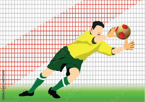 Soccer player goalkeeper catching ball silhouette. 3D vector color illustration