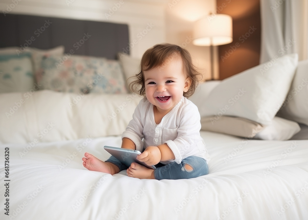 little girl playing with an electronic device in bed and laughing. AI generative. little girl playing with an electronic device in bed and laughing. AI generative.