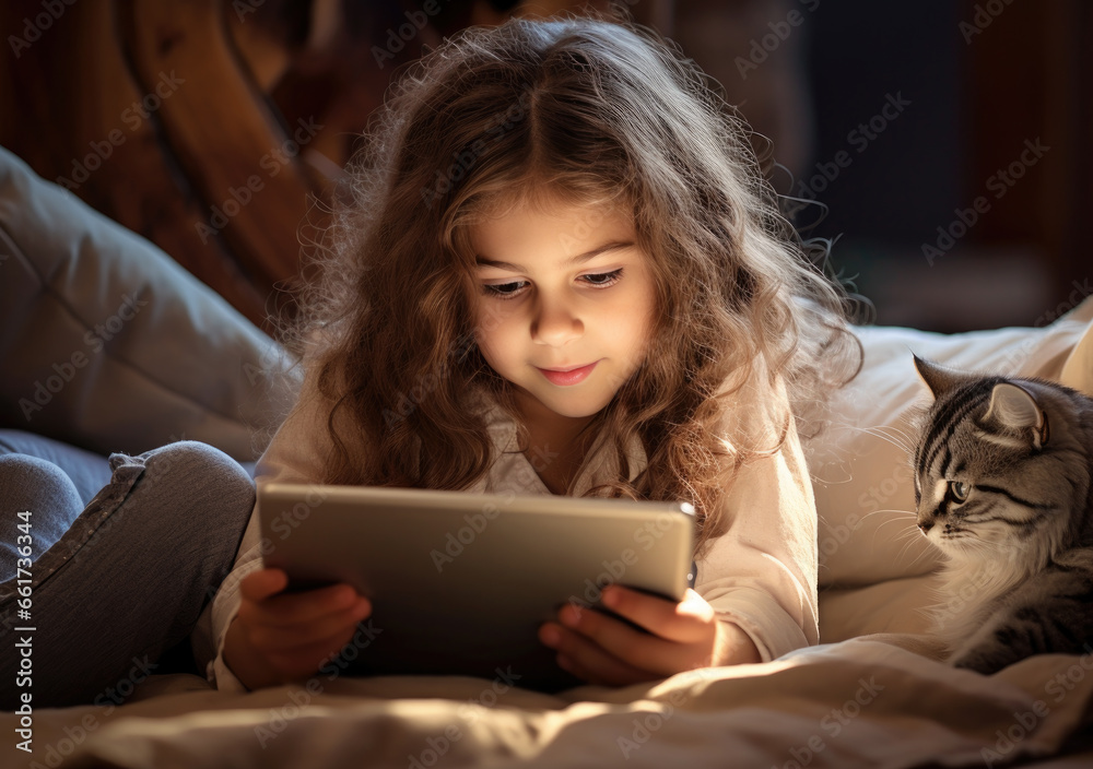 Happy little girl watching cartoons on an electronic device along with her kitten on the living room floor. AI generative Happy little girl watching cartoons on an electronic device along with her kitten on the living room floor. AI generative