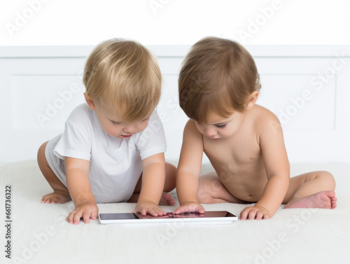 Babies playing with an electronic device in bed. AI generative. photo