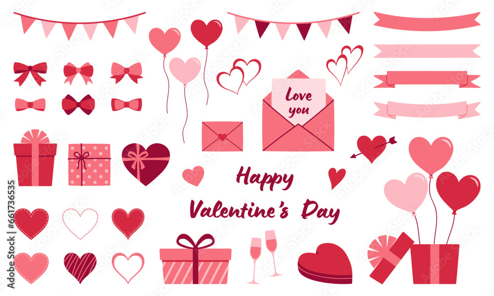 Set of Valentine's day hand drawn decorative elements. Ribbons, bows, garlands, gift boxes, balloons, envelopes, heart shaped frames.