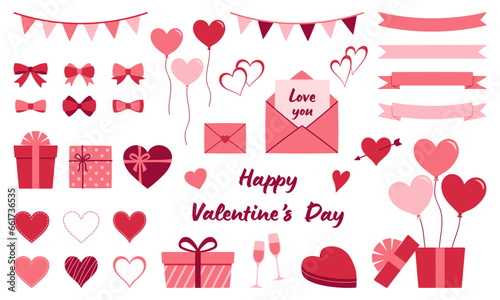 Set of Valentine's day hand drawn decorative elements. Ribbons, bows, garlands, gift boxes, balloons, envelopes, heart shaped frames.