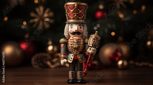 Wooden Christmas Nutcracker figurine against a background of a Christmas tree. photo