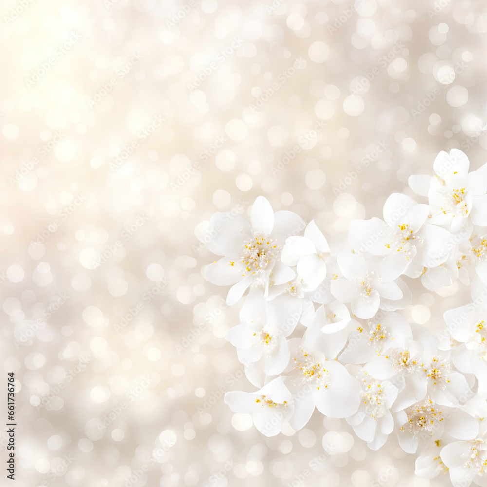 Wedding background with white petals and flower blossoms, bokeh lights in the distance - illustration Wedding background with white petals and flower blossoms, bokeh lights in the distance - illustration
