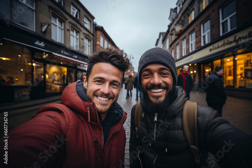 Happy generation z millenials LGBTQ relationship concept. Portrait shot of smiling male multiracial gay couple taking selfie on mobile, smartphone traveling autumn or calling their friends, relatives photo