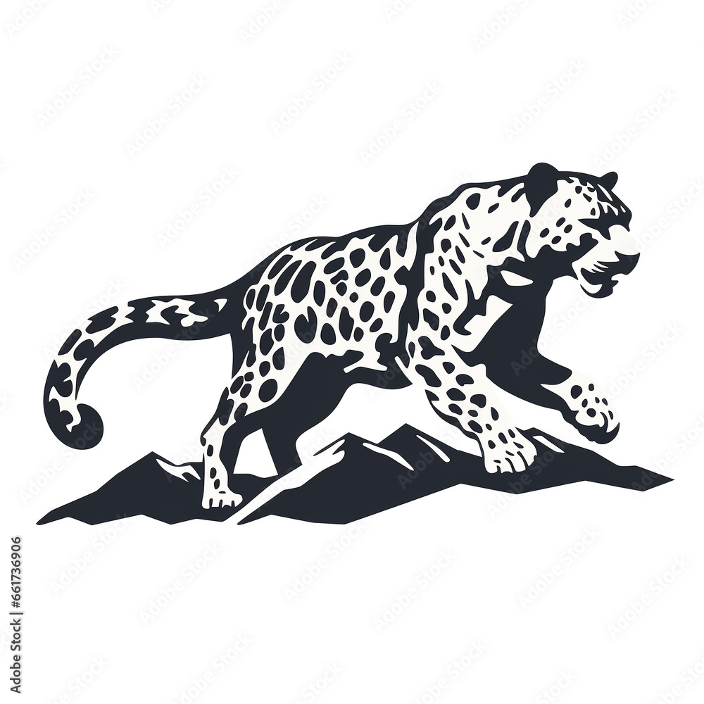 Fototapeta premium Snow leopard body silhouette logo, vector graphics, flat minimalism, sketch of a snow leopard jumping on a white background