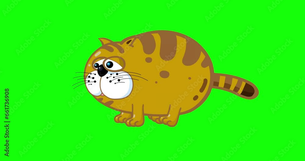 Cartoon ginger fat cat standing then sit down greenbox isolated. Seamless loop character cute