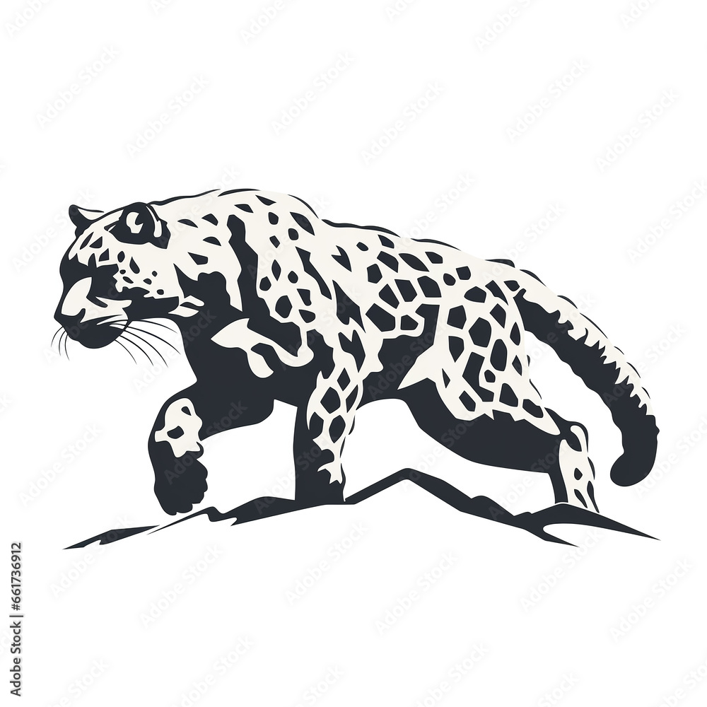 Fototapeta premium Snow leopard body silhouette logo, vector graphics, flat minimalism, sketch of a snow leopard jumping on a white background