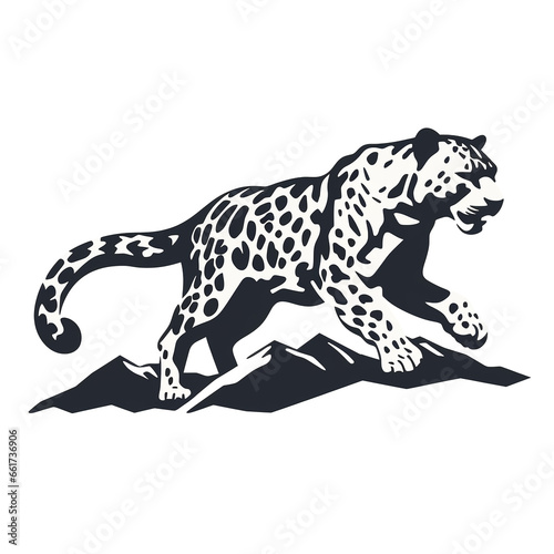 Snow leopard body silhouette logo, vector graphics, flat minimalism, sketch of a snow leopard jumping on a white background © Svetlana