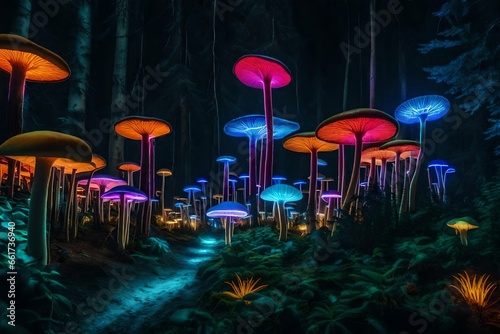 A bioluminescent wonderland-like neon mushroom forest with glowing spores.
