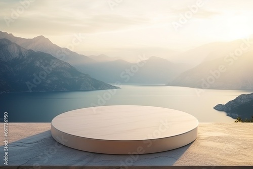 White marble product podium  overlooking ocean view