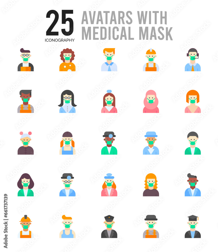 25 Avatars With Medical Masks Flat icon pack. vector illustration. 25 Avatars With Medical Masks Flat icon pack. vector illustration.
