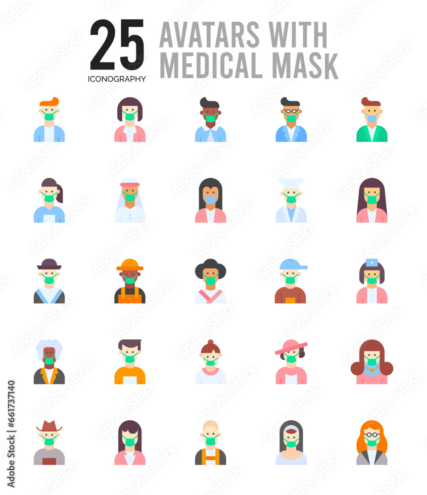 Fototapeta premium 25 Avatars With Medical Masks Flat icon pack. vector illustration.