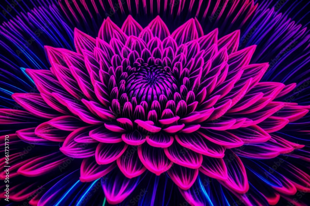 A neon dahlia stands out among a sea of oblique neon hues, creating a captivating visual effect. 