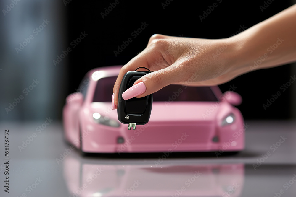 Fototapeta premium Female hand presenting and holding car key with pink sporty car in background, focus on modern automobile concept.