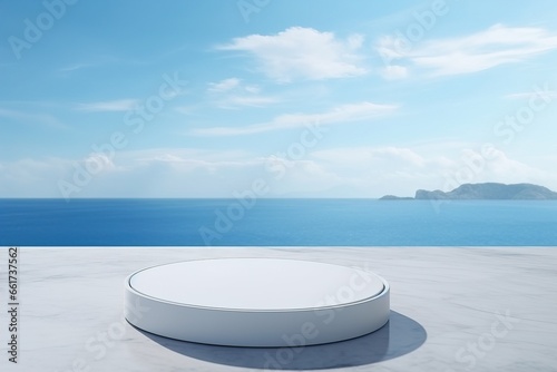 White marble product podium, overlooking ocean view