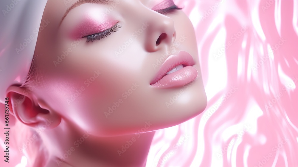 Beauty of ethereal close-up portrait. The pink-tinted nude tones and flowing silk for otherworldly ambiance. Model's flawless skin Beauty of ethereal close-up portrait. The pink-tinted nude tones and flowing silk for otherworldly ambiance. Model's flawless skin