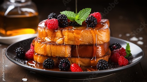 plate of french toasts with fresh berries on top with honey and maple syrup toppings photo