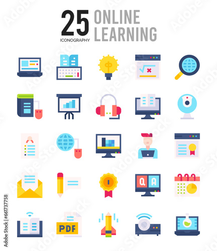 25 Online Learning Flat icon pack. vector illustration.