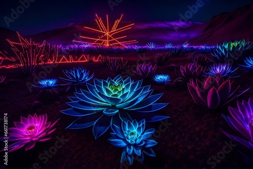 An oasis of light with a neon succulent garden growing beneath an electric sky. 