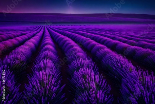 Neon lavender fields exuding a relaxing, synthetic scent in a fantastical dream environment.