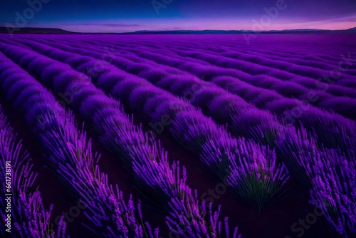 Neon lavender fields exuding a relaxing, synthetic scent in a dreamlike landscape. 