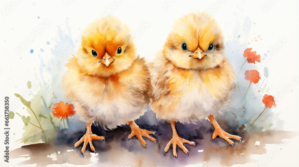 Two little chicken watercolor