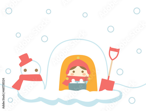 カマクラと雪ダルマの冬をイメージしたイラスト