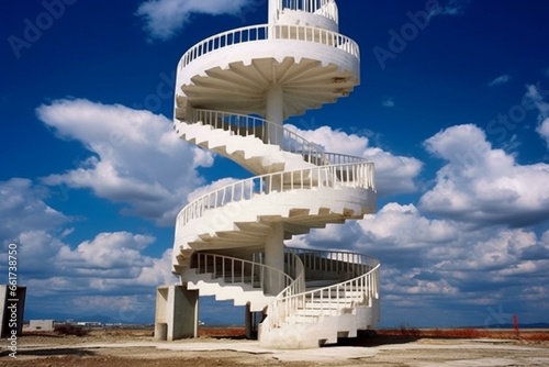Cloud-bound white spiral stairs. Generative AI photo