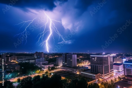 Blue lightning storm above urban area. Generative AI