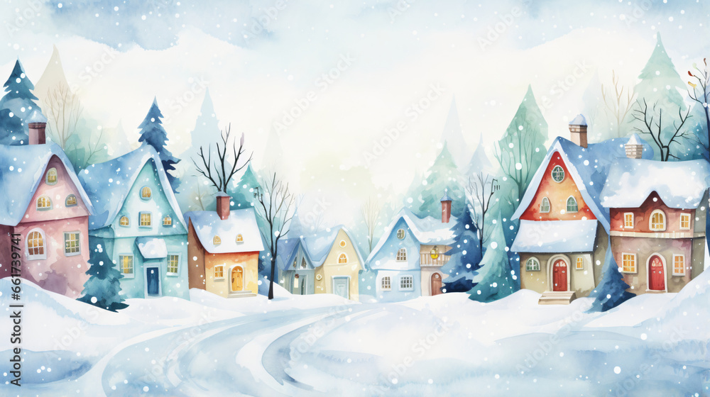 Watercolor winter cute town landscape