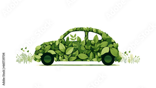 simple 2D illustration, silhouette of a clipart car, no details, consisting of small green leafs , white background as a symbom of sustainable and clean energy. Alternative and ecofriendly energy. Tra