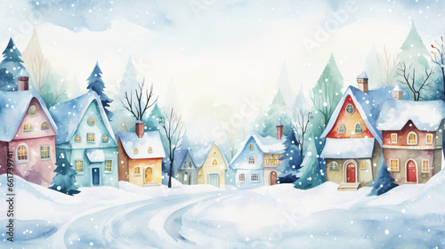 Watercolor winter cute town landscape
