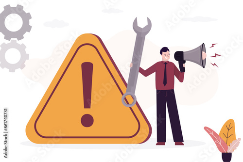 Businessman or repairman with loudspeaker and wrench stands near warning sign. Methods and possibilities for solving difficulties or problems, technical support,