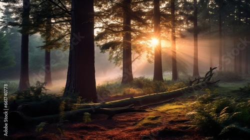 Golden Rays and Morning Mist  Ethereal Forest Landscape