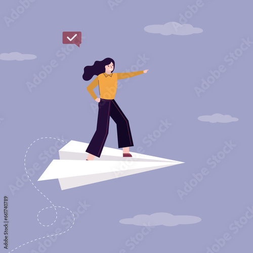 Businesswoman leader flying on paper plane and shows right direction. Move on right business strategy, look at future career success, return on investment or innovation