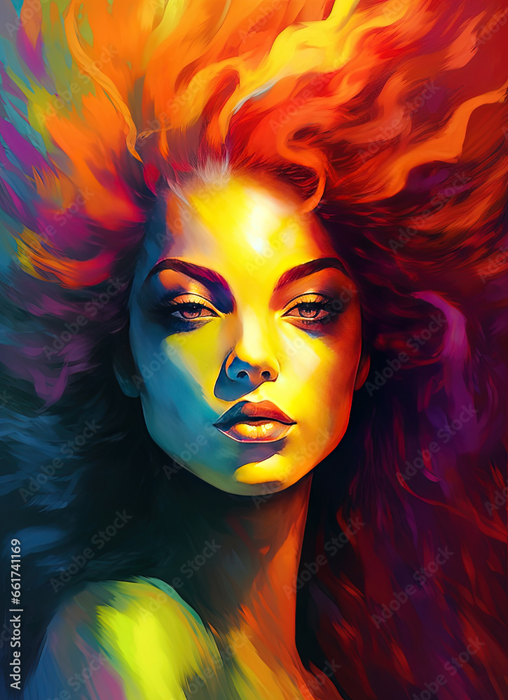 A Beautiful Light Skinned Black Womans Face A Glamorous Work of Art Vivid Colors on Canvas Background