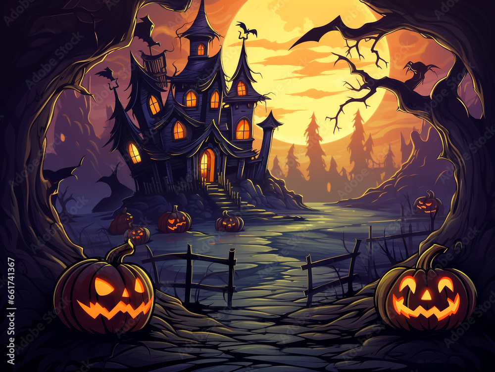 Creepy old house where there is a small trail to the house. Halloween concept illustration. Creepy old house where there is a small trail to the house. Halloween concept illustration.