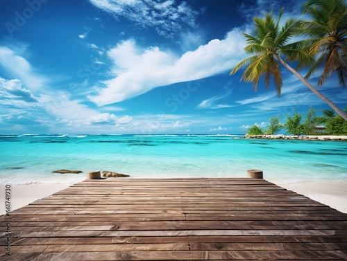 Beautiful summer tropical beach landscape, wooden pier, turquoise sea water, Generative AI