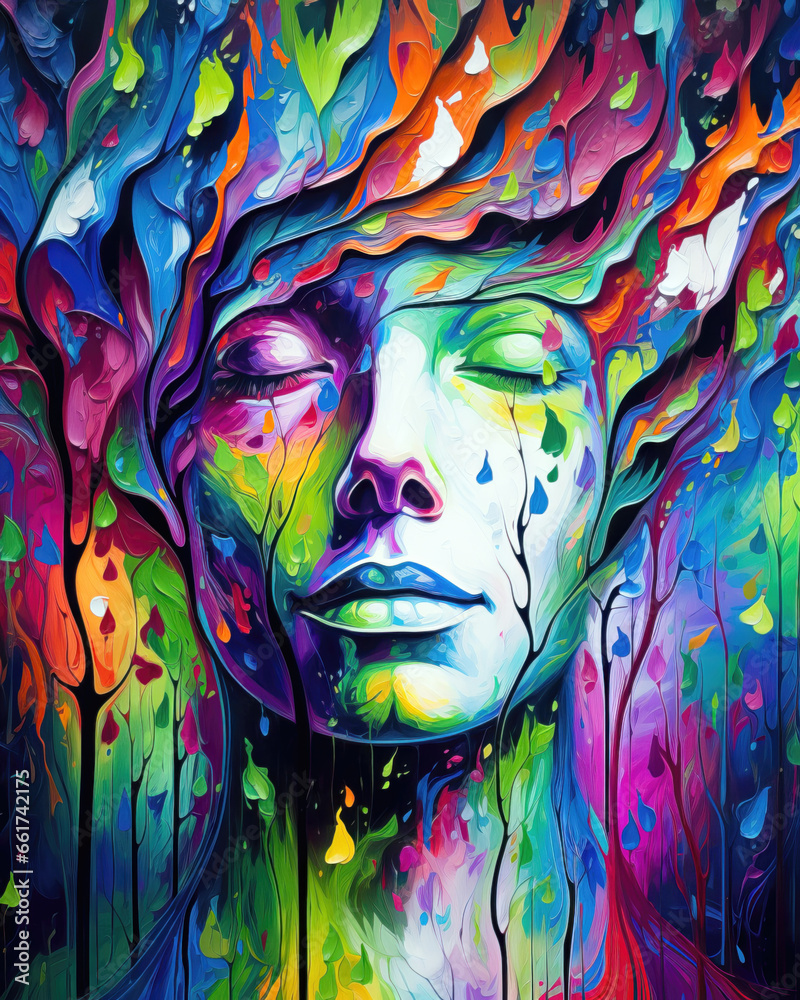 Abstract portrait of a beautiful human with closed eyes. Multicolored background