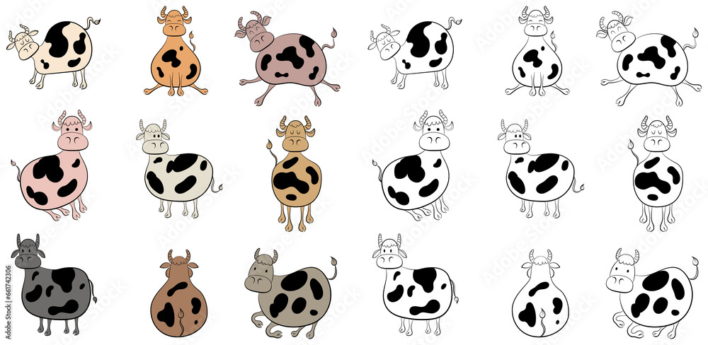 Set of farm animals set. Children's illustration of cow poses. Cute designs doodle style collection. Set of farm animals set. Children's illustration of cow poses. Cute designs doodle style collection.