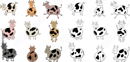 Set of farm animals set. Children's illustration of cow poses. Cute designs doodle style collection.