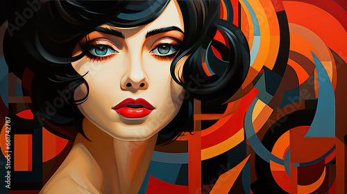 Colorful Portrait Painting of Beautiful Women Face With Dark Red Lips Close Up Background