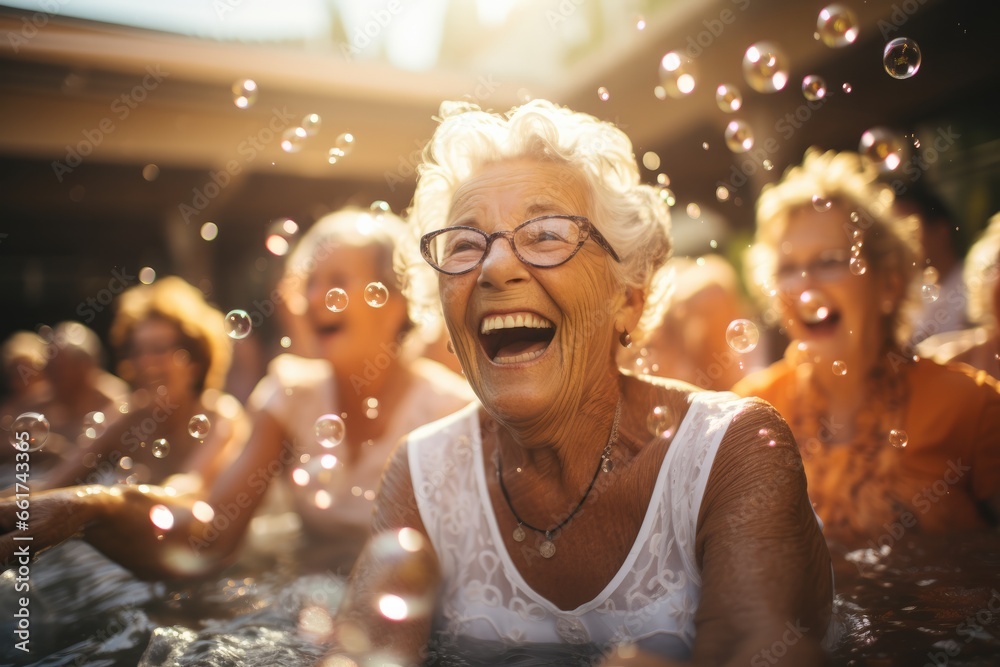 Group of happy elderly women having fun in swimming pool at summer